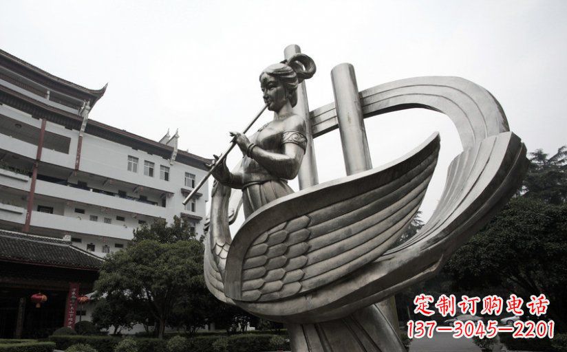 苏州古典美女不锈钢吹笛子雕塑