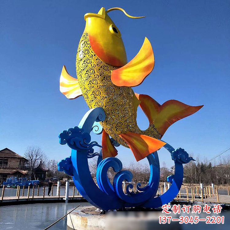 苏州彩绘不锈钢鱼跃雕塑-大型水景喷泉动物雕塑