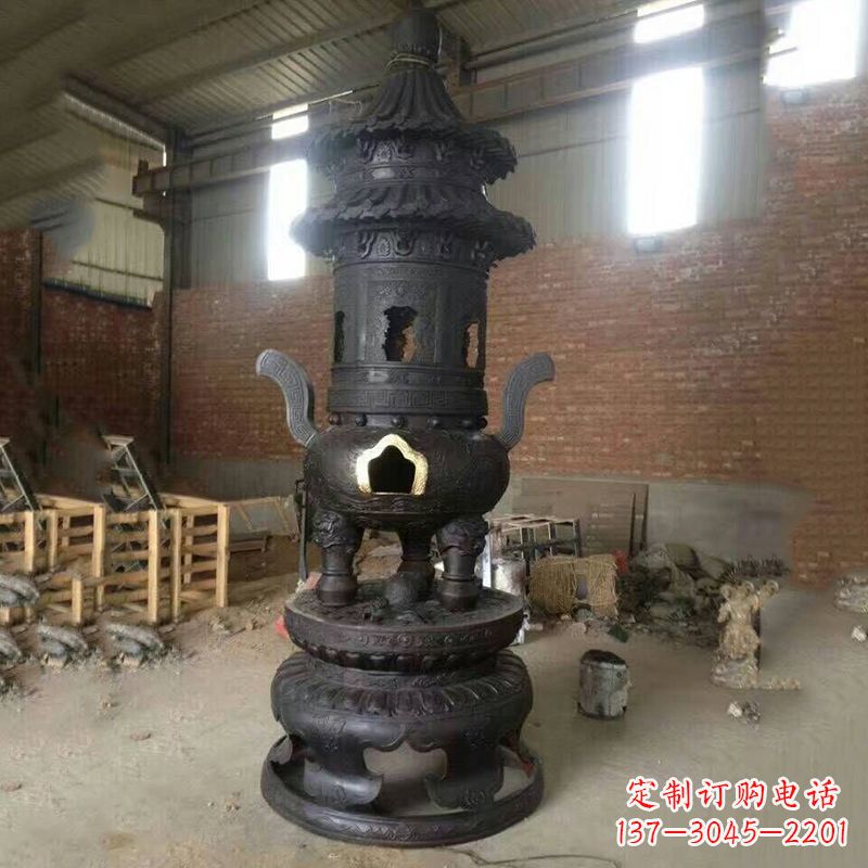 苏州花卉盘状高层圆形铜香炉雕塑