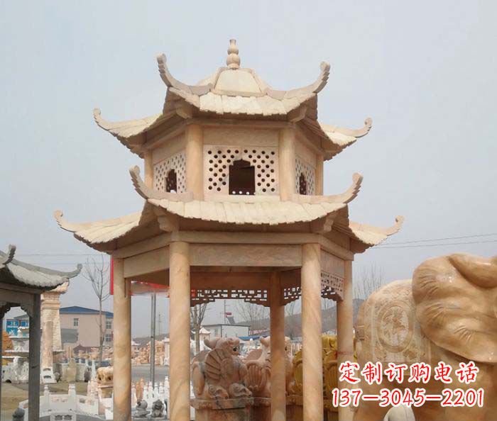 苏州红双层六角石凉亭雕塑