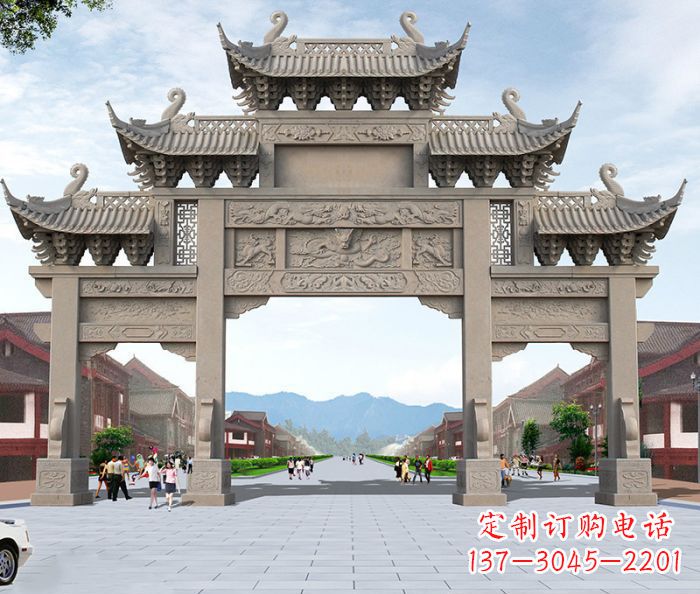 苏州以大理石石雕装饰的精美牌楼雕塑