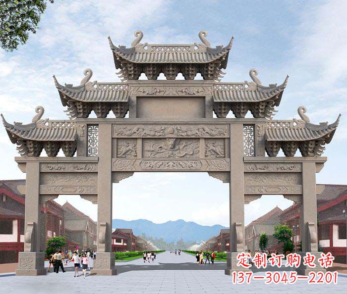 苏州景区三门石雕牌楼——精美雕塑定制