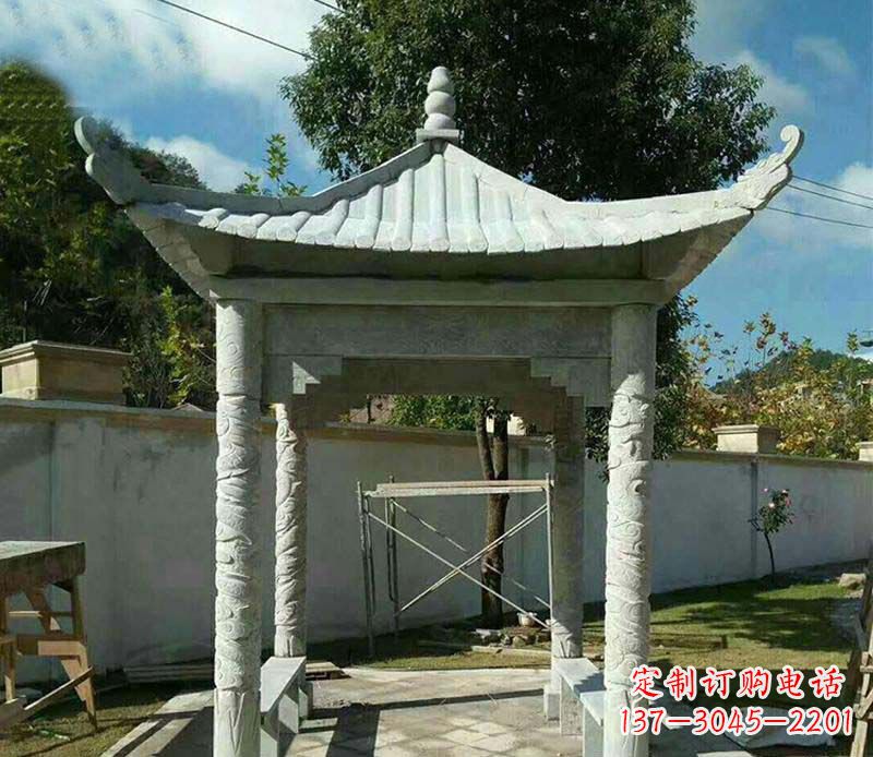 苏州精美绝伦的青石单层四角凉亭雕塑