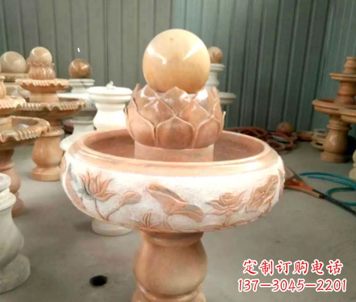 苏州石来运转晚霞红风水球喷泉石雕
