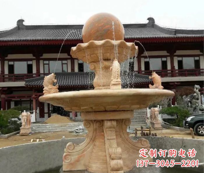 苏州双层风水球喷泉晚霞红石雕