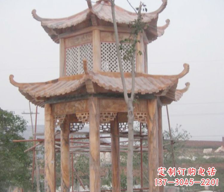 苏州双层晚霞红石凉亭石雕 (2)