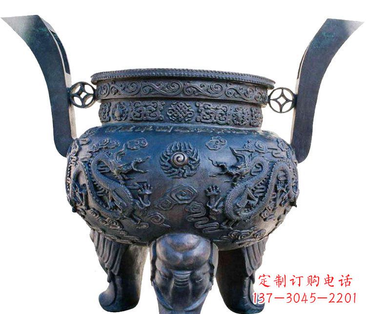 苏州寺庙圆形三足鼎铜雕香炉