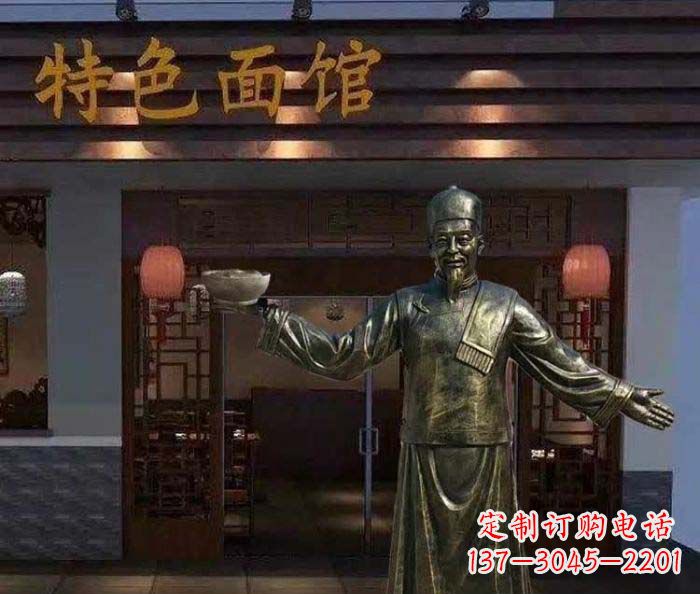 苏州特色面馆店小二铜雕