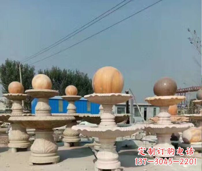 苏州晚霞红多层风水球喷泉石雕