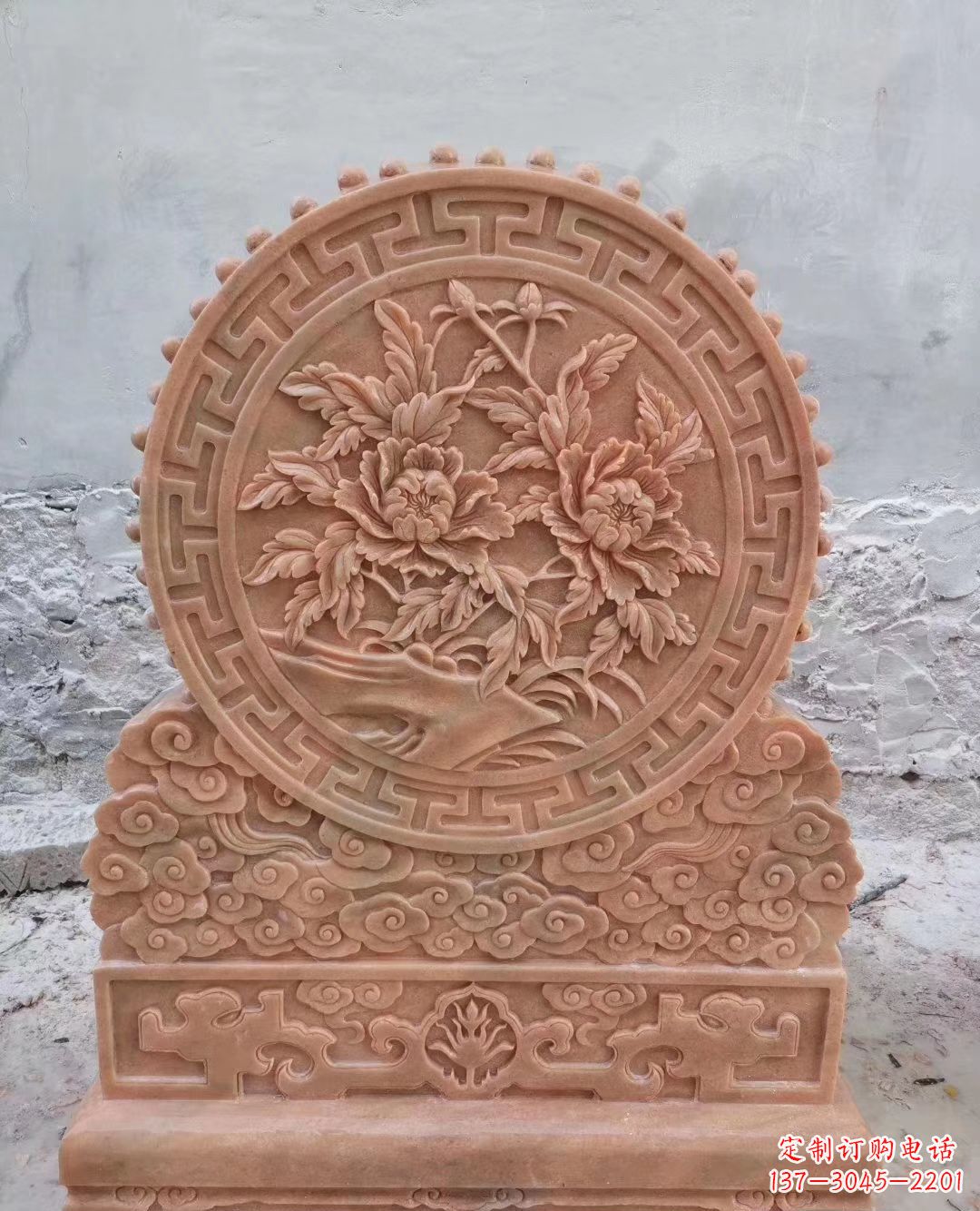 苏州晚霞红牡丹花浮雕石门墩
