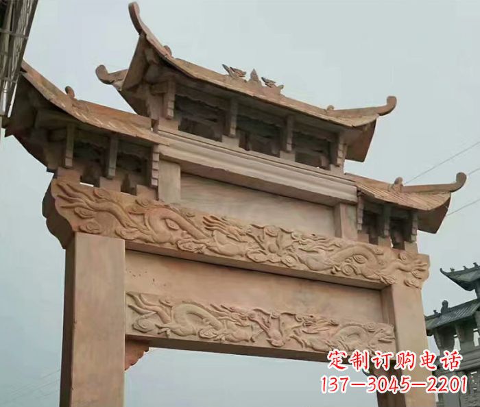 苏州晚霞红石雕单门牌坊