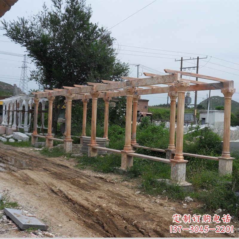 苏州晚霞红石雕花架长廊