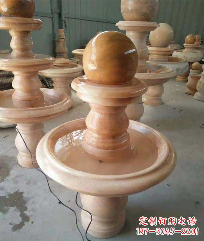 苏州晚霞红双层风水球别墅喷泉石雕