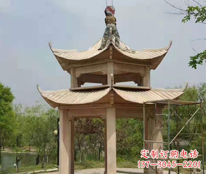 苏州晚霞红双层凉亭石雕 (2)