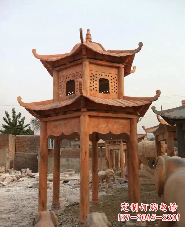苏州晚霞红双层凉亭石雕
