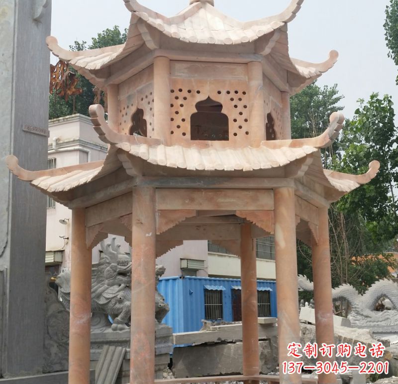 苏州晚霞红双层六角凉亭石雕 (2)