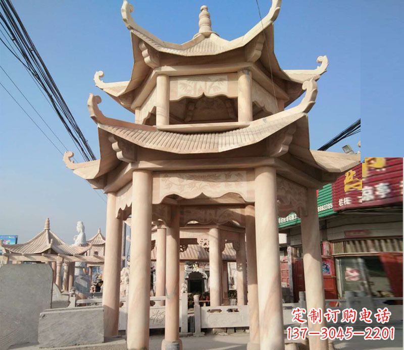 苏州晚霞红双层六角凉亭石雕 (3)
