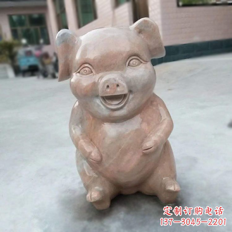 苏州喜庆的石雕猪-晚霞红大理石生肖动物雕塑