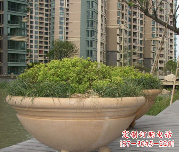 苏州小区景观晚霞红花盆石雕