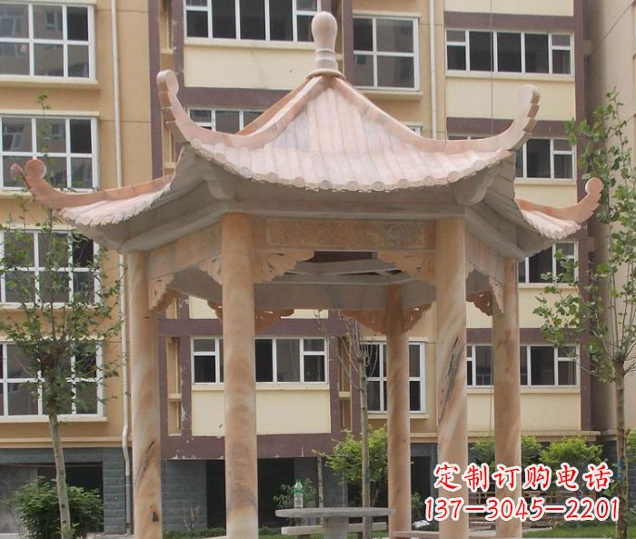 苏州小区晚霞红六角凉亭石雕