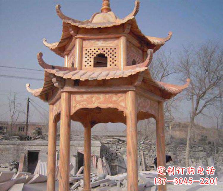 苏州园林晚霞红石凉亭景观石雕