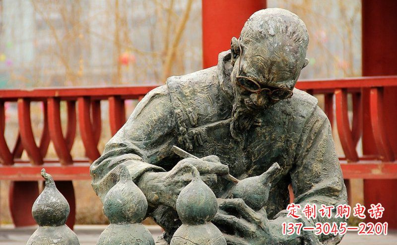 苏州园林在葫芦上刻字的老人小品铜雕