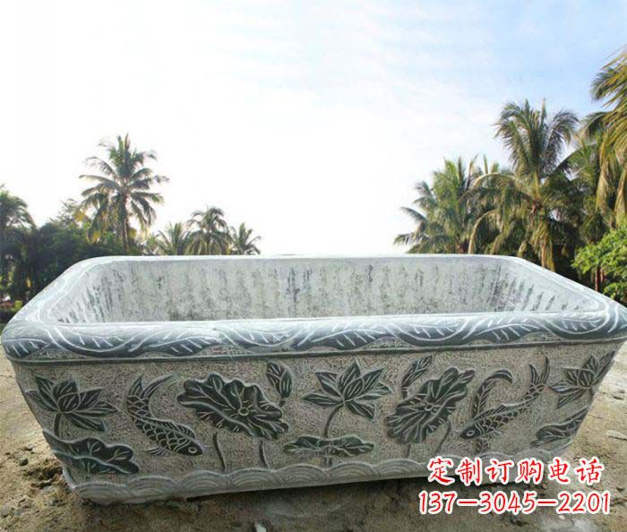 苏州长方形连年有余荷花浮雕石水缸